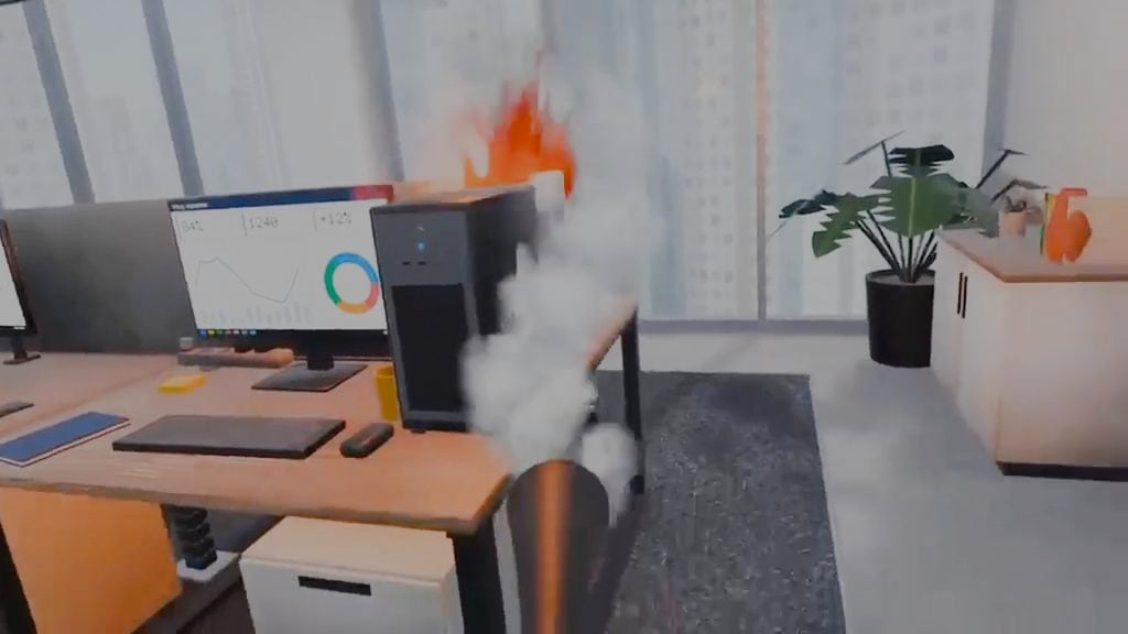 Putting out a computer fire with a CO2 extinguisher in the VR office drill