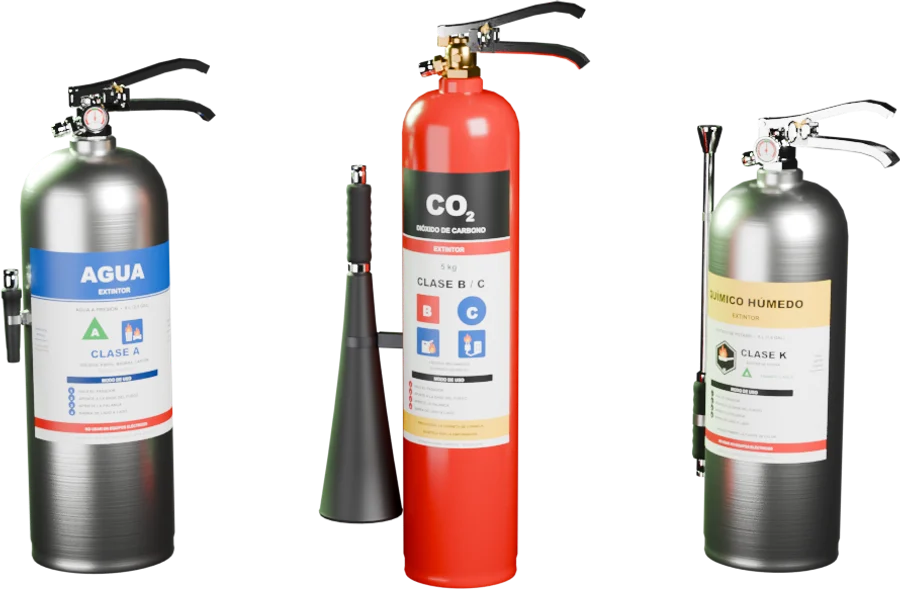 The three in-game extinguishers: water, CO2 and wet chemical