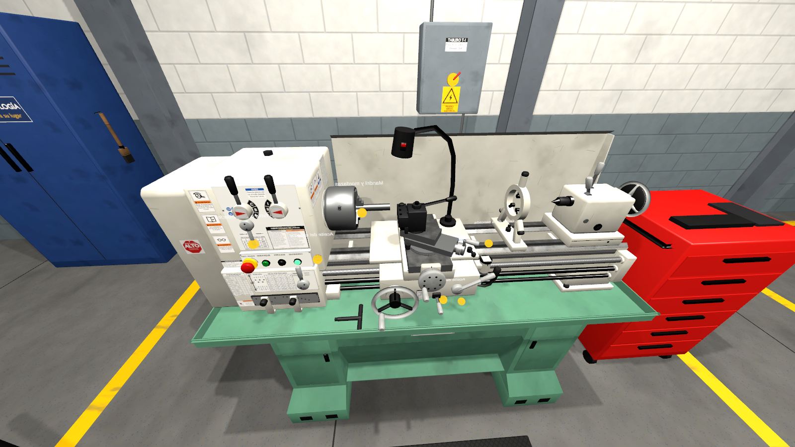 The full lathe in the VR machine shop